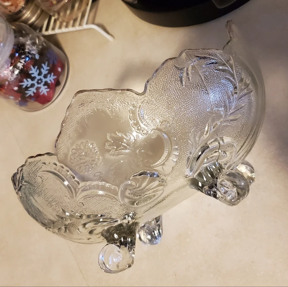 Etched glass footed oval serving bowl with gold trim